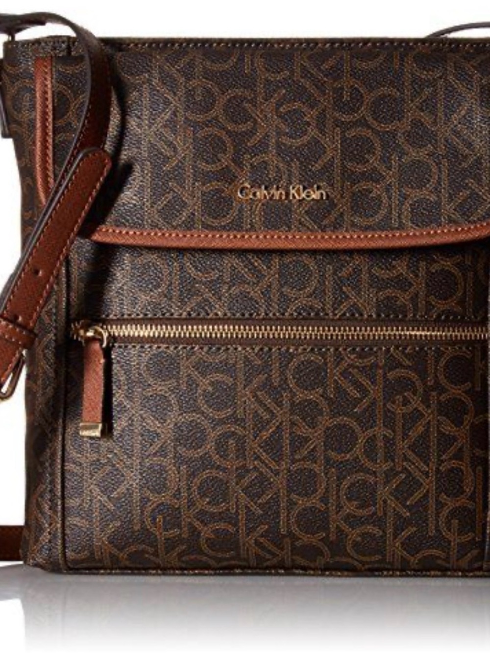 Calvin Klein Brown Monogram Messenger Bag with Gold Hardware